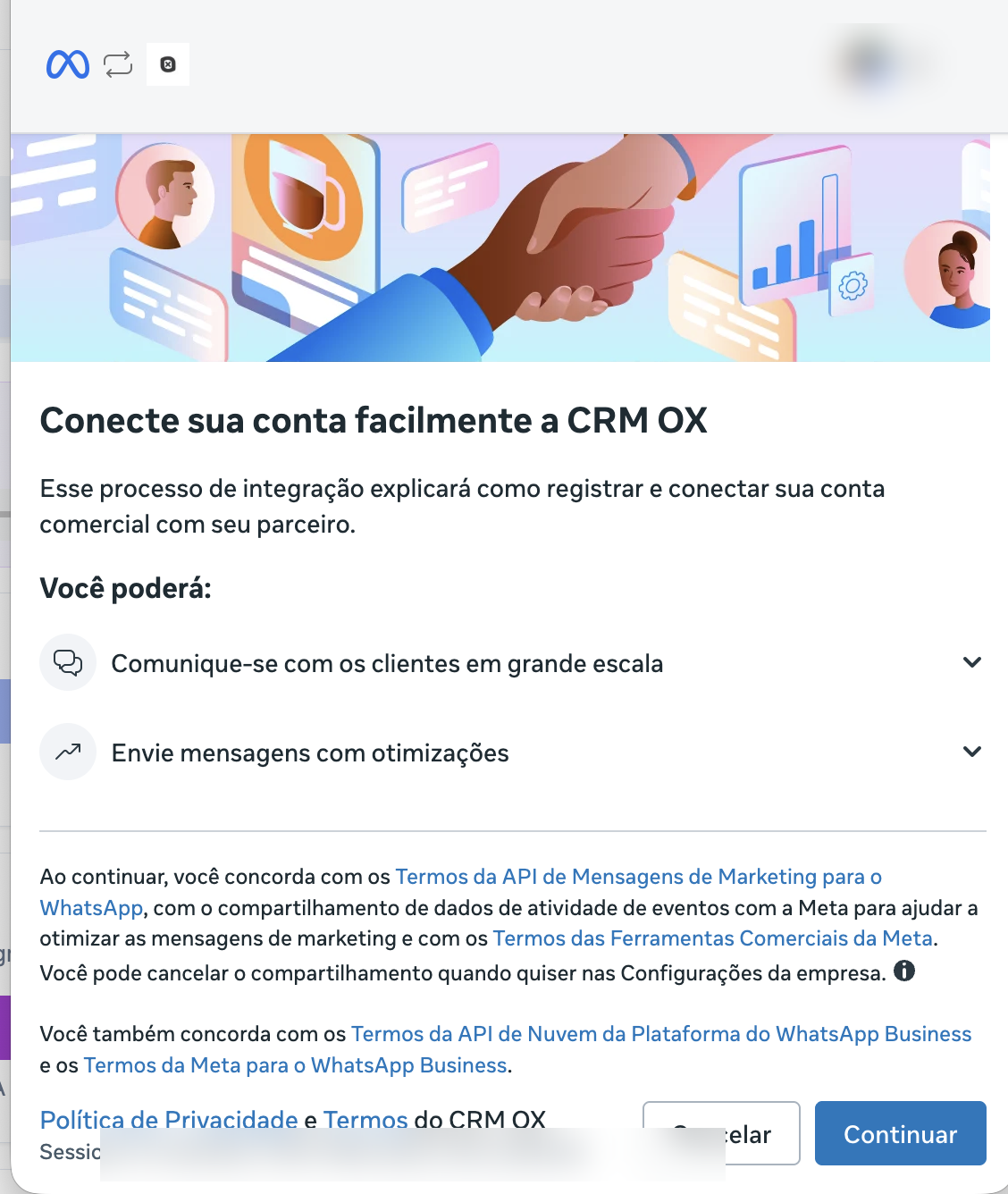 Janela da Meta com o título Conecte sua conta facilmente a CRM OX e o botão Continuar