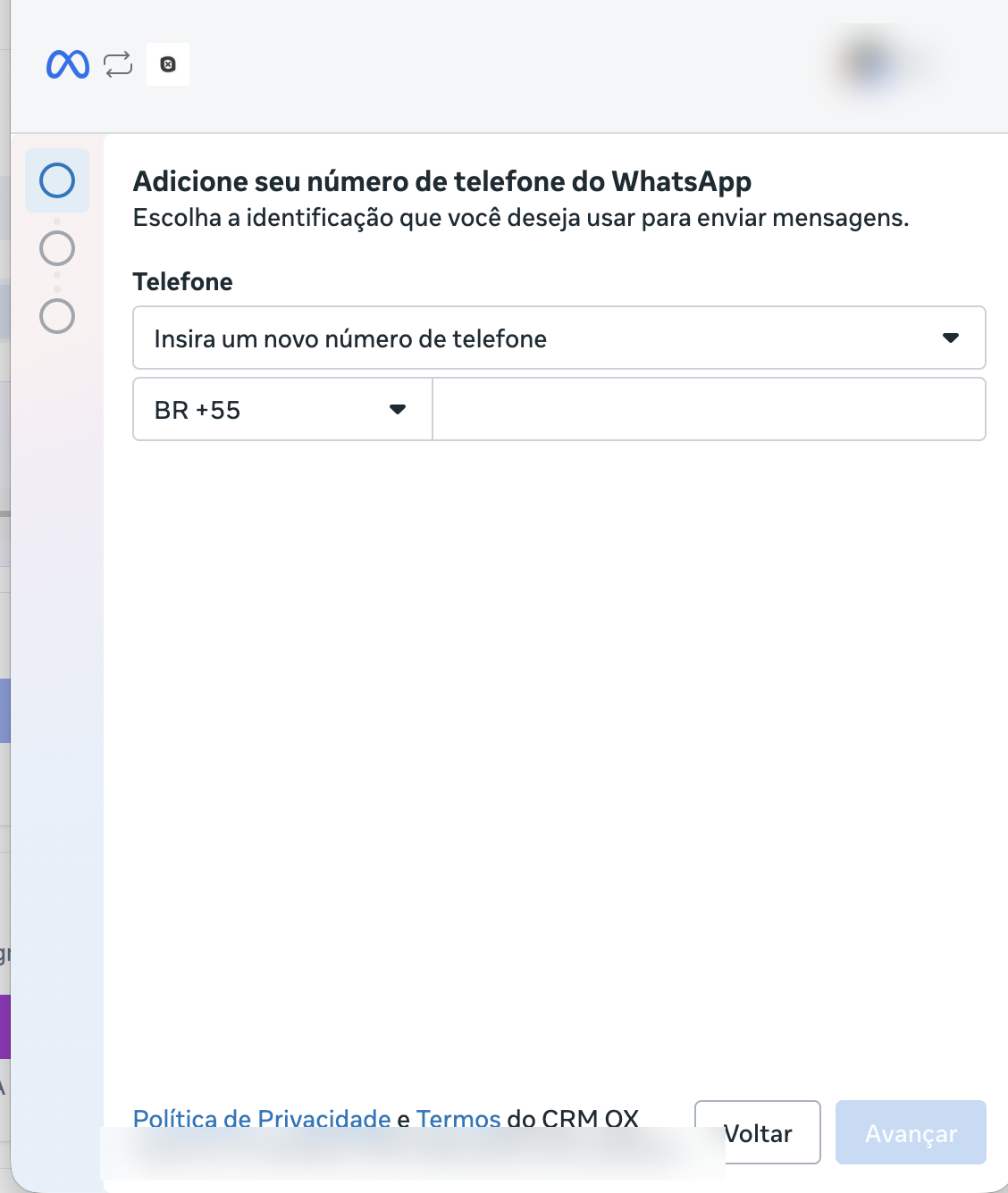 Janela da Meta pedindo o número de telefone do WhatsApp, com o seletor BR mais 55